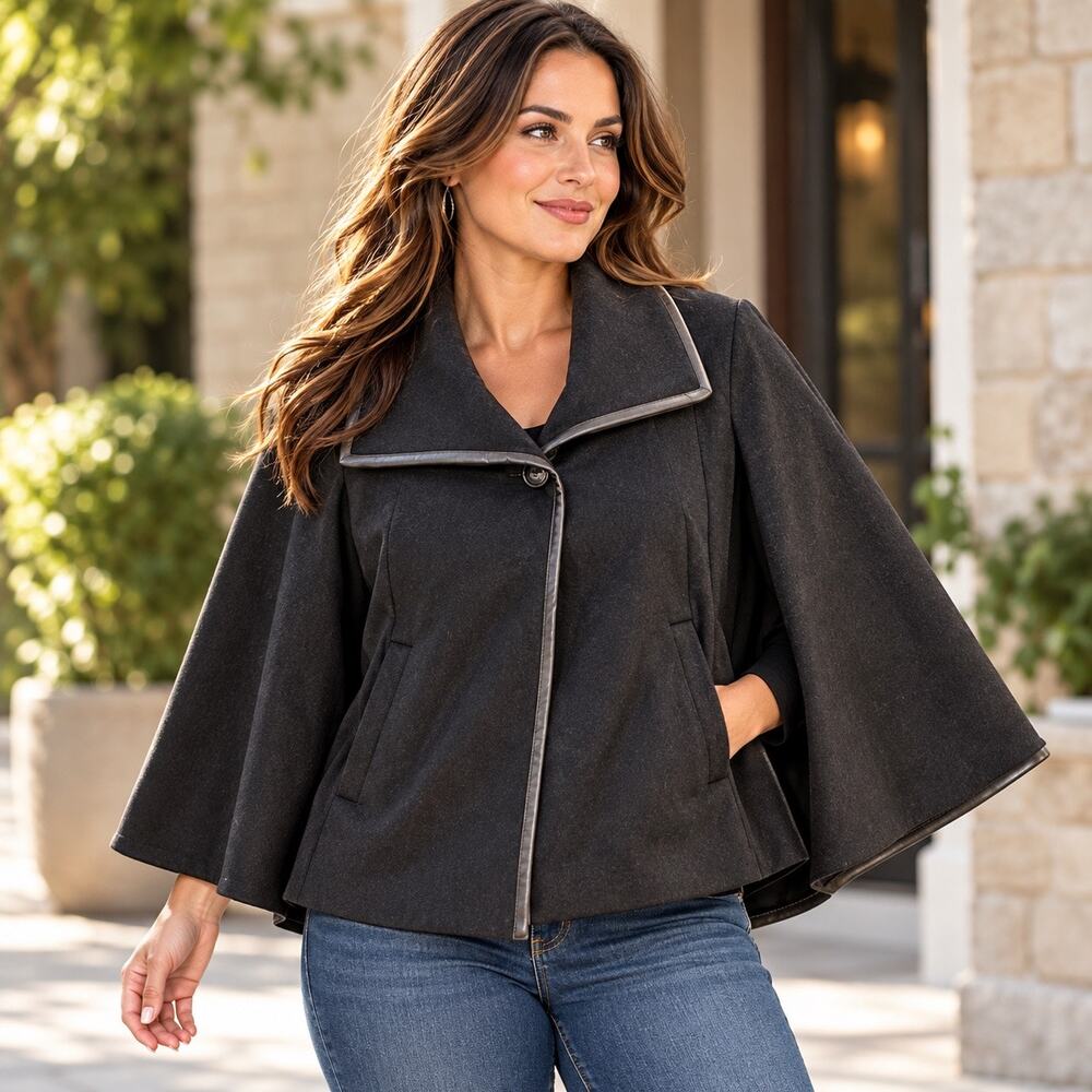 Apt 9 Womens Cape Coat Jacket Wool Blend Elegant Classic Outerwear Black Medium